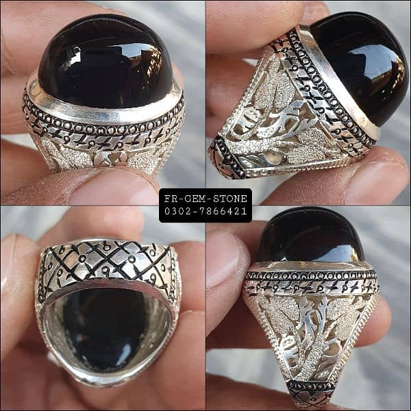 Jet Black Irani Aqeeq Stone Hand Made Chandi Ring 0