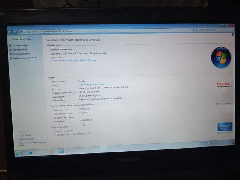 Toshiba core i5 2.40GHz 250 gb hard 2gb ram 0