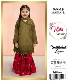 2 PCS Girls Linen Embroidered Unstitched Suit