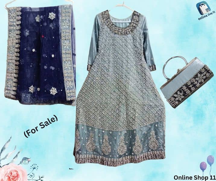 Bridal Maxi with Navy Blue Dupatta & Matching Clutch 0