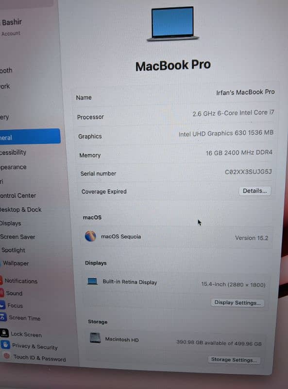 2018 MacBook pro 15.4 inch 16/500GB 5