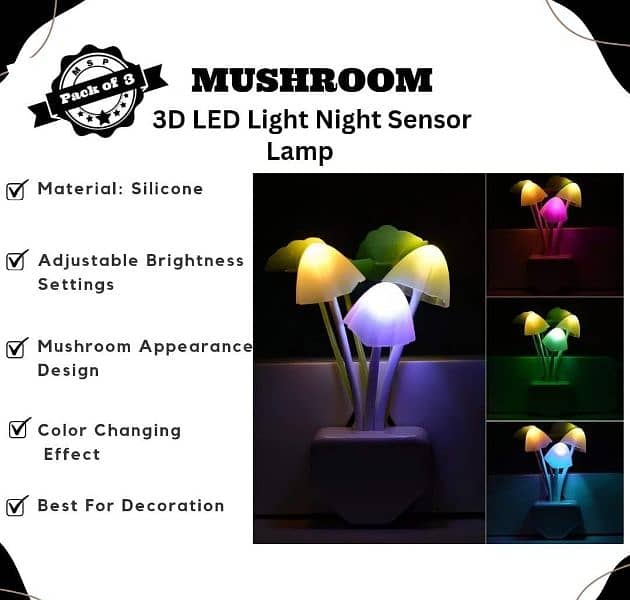 Room lamp Mushroom 3D LED light Sensor /pack of 3 2