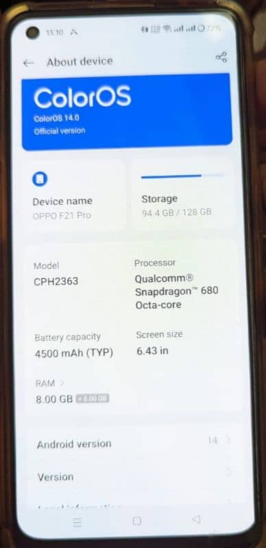 Oppo F21pro 4G 8+8  128 in just 44500 1