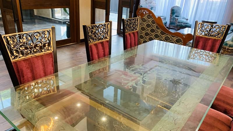 Glass table  wooden stylish 8 maroon chairs-"Elegant Glass Table Set 5