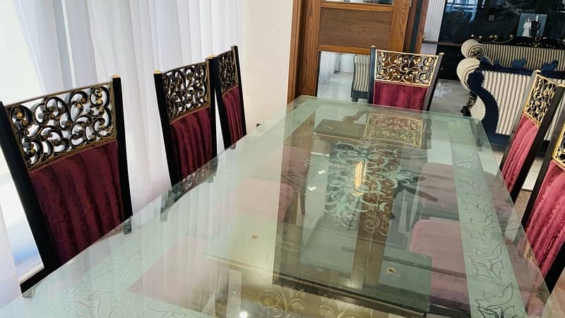 Glass table  wooden stylish 8 maroon chairs-"Elegant Glass Table Set 2