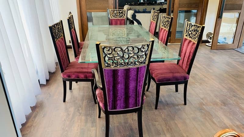 Glass table  wooden stylish 8 maroon chairs-"Elegant Glass Table Set 3