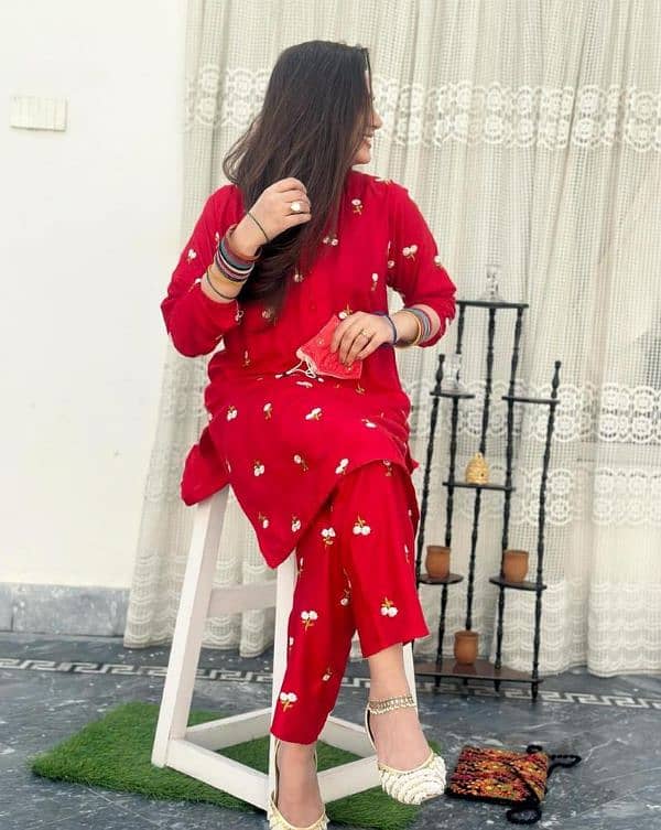 2 piece women Stitched linen embroidered suit 2