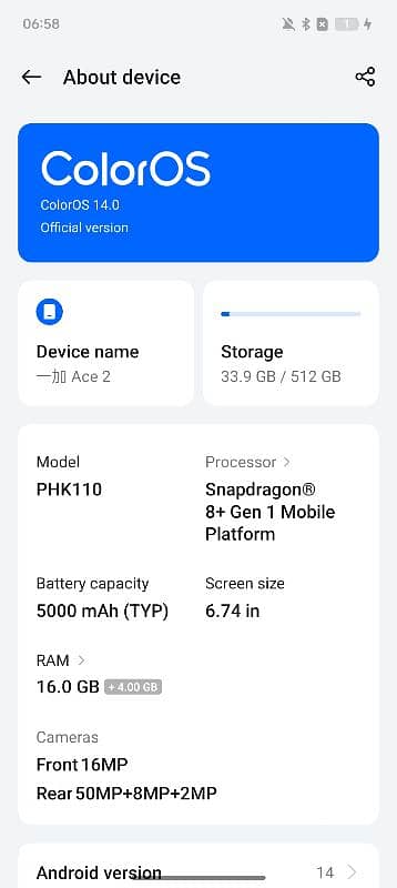 Oneplus ace 2, Snapdragon 8 core 6