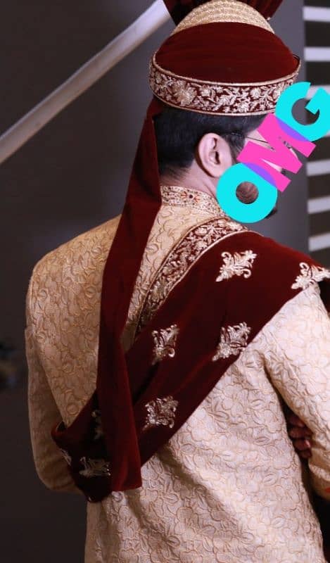 beige color sherwani, khussa and mahroon qula 1