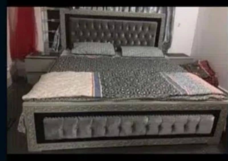 Inter wood double bed along with side tables (cushion wala) 0