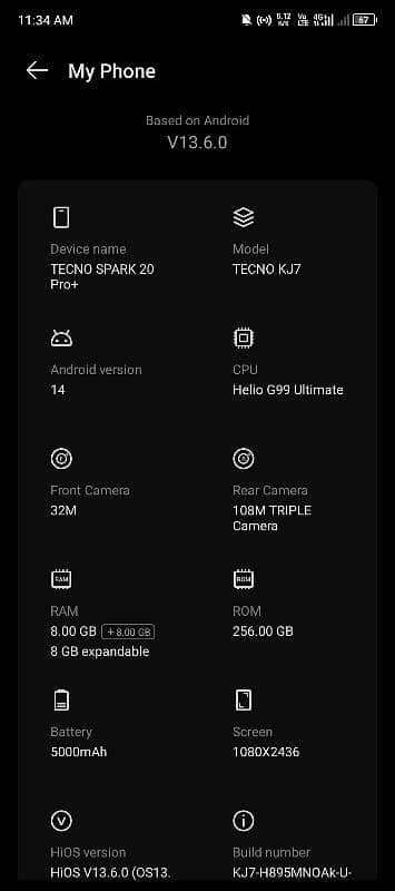 Tecno spark 20 pro plus 8+8 Ram 256 Gb 6