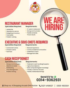 MANAGER / SOUS CHEFS / CASH RECEPTIONIST / JOB IN MULTAN