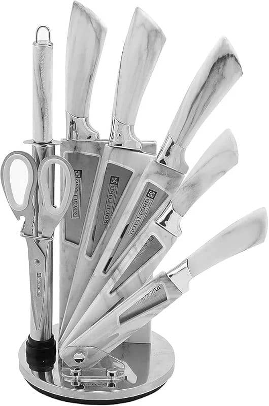 Royalford 8piece Knives Set & Stand (Rotating Base), White, RF9665 0