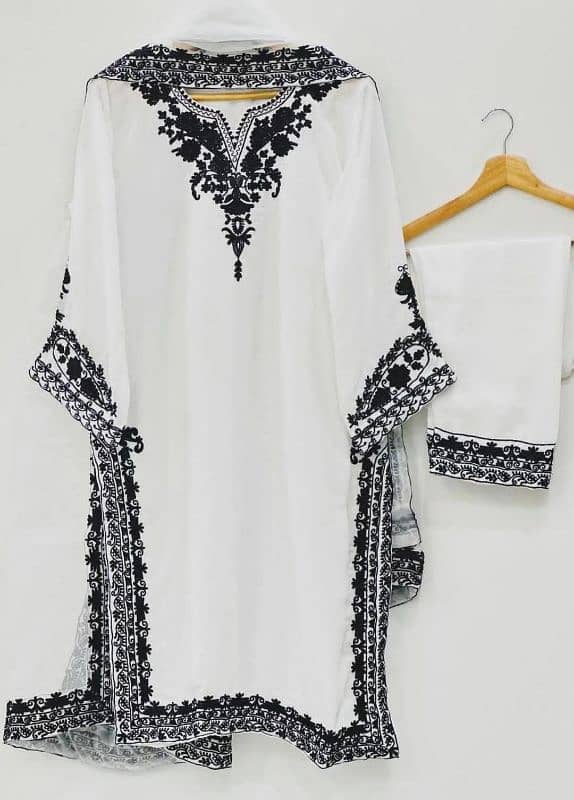 Elegent women's stitched Embroidered Orgnaza suit in White  3 pics 2