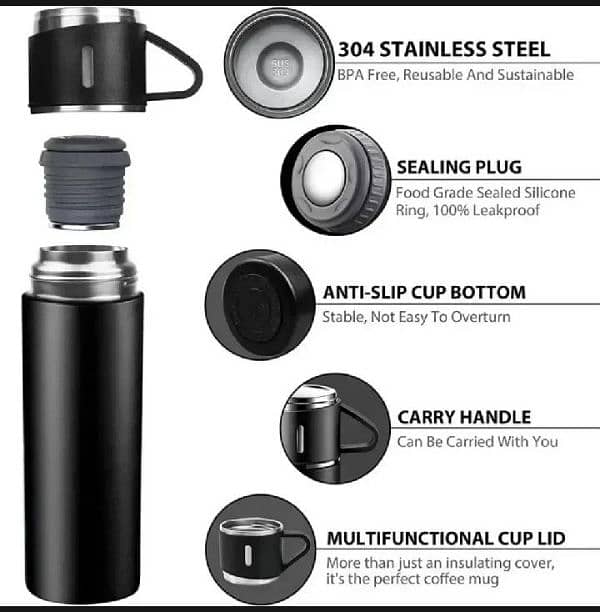 Temperature water stainless Steel Vacum Thermos 500ml 3pcs Extra 2 Cup 2