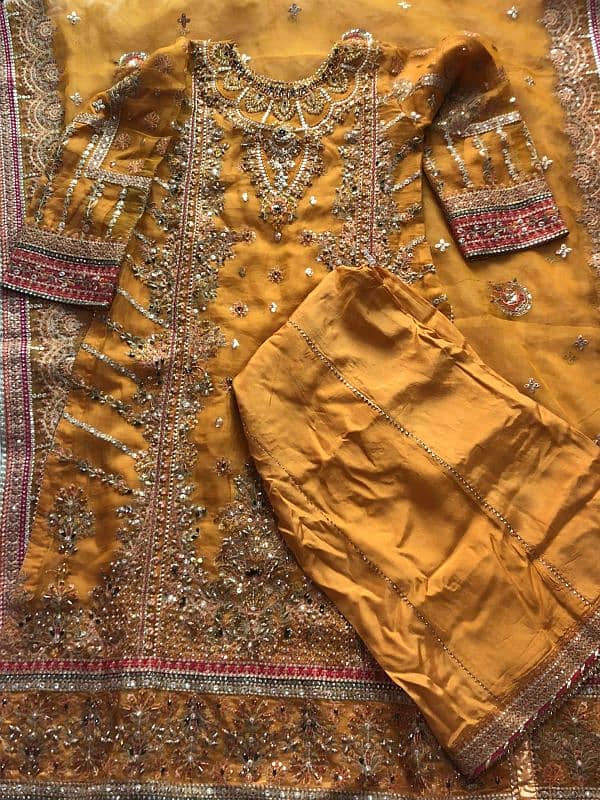 3pcs Mustard long shirt with plazo trouser and heavy dupatta 2