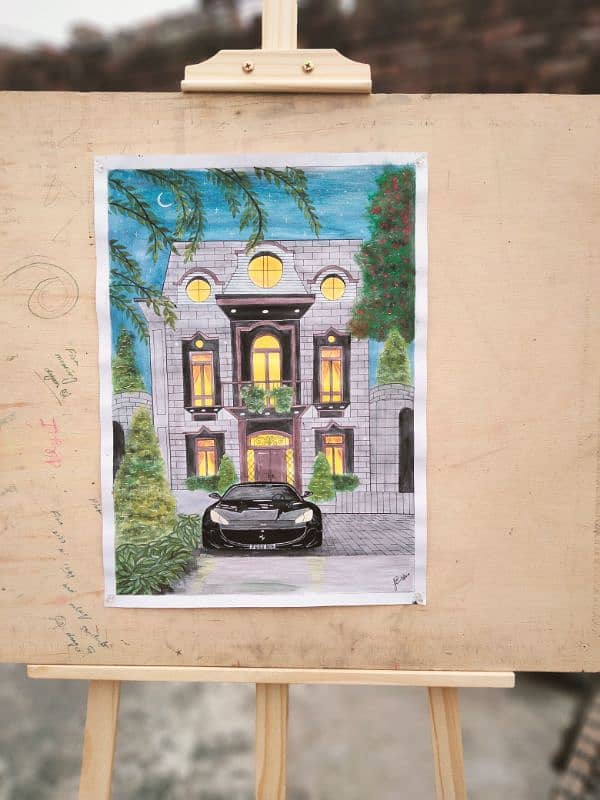 Ferrari car with beautiful house painting with acrylic color 0