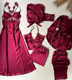 elegant women's silk V- neck Night suit -6 PC sleepwear set