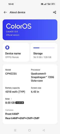 OPPO Reno 6 Dual Official PTA 8/128 Gb 10/10 Condition Mobile + Box