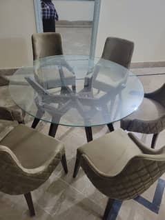 Round Glass 6 Seater Dining Table - Cushioned Chair Cont: 03052699317