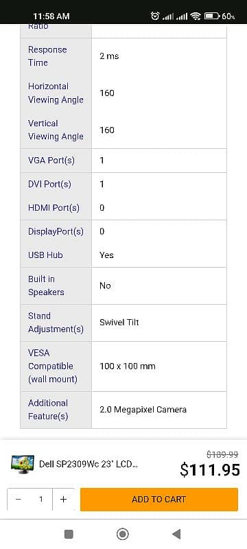 Dell SP2309Wc 23" LCD Monitor 23inch 50 to 75hz 2ms 9