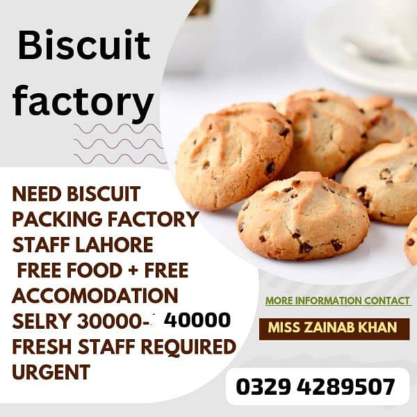 need staff  biscuits  factory jobs available in Lahore 0