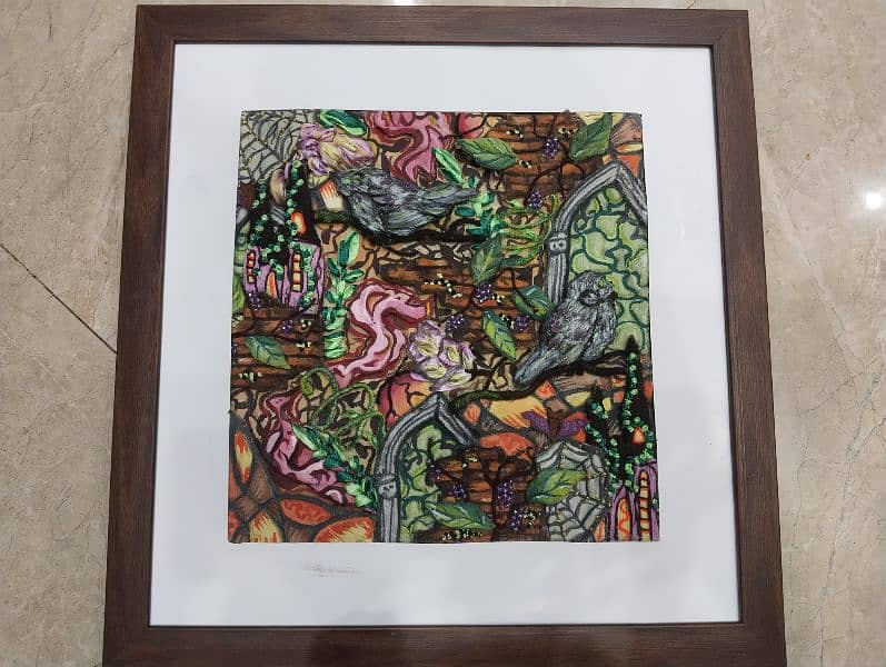 Embroidery 3D with painting design framed 1