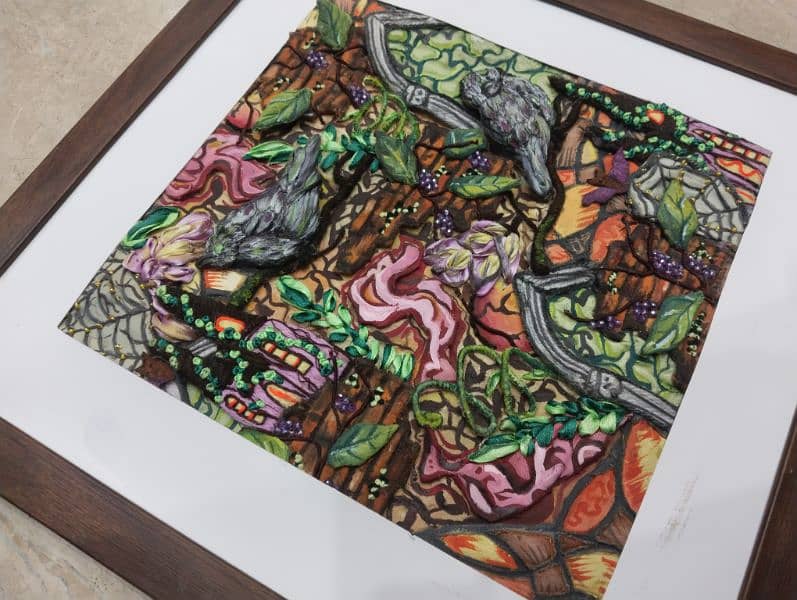 Embroidery 3D with painting design framed 3