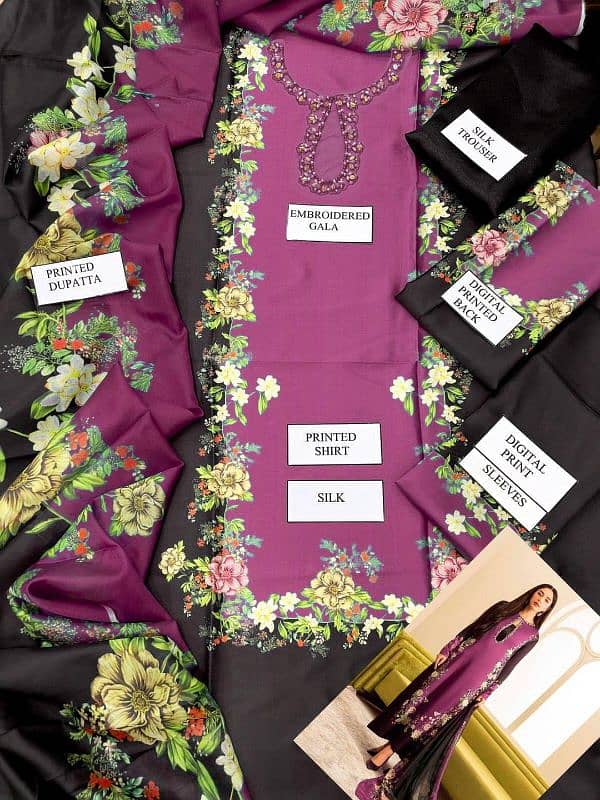 Exquisite Black and magenta  Silk Embroidered 3 pcs suit 1