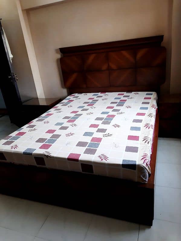 Queen Bed with Mattress and 2 Corner Tables 1