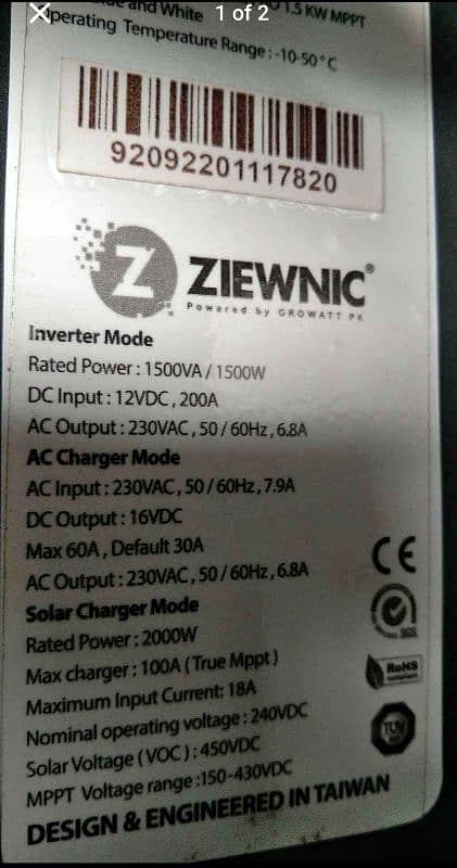 Ziewnic Hybrid Solar inverter 1500watt. 1