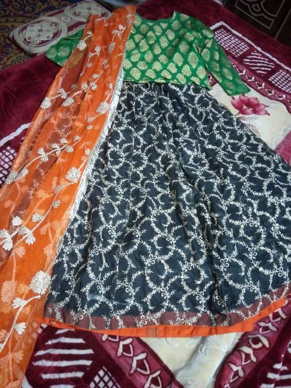 lehenga black with orange dupata and green shirt 4