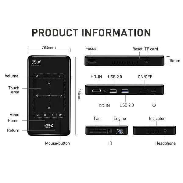 Portable Mini Multimedia Projector DLP Smart Touch ProjectorPCM-D047E 2