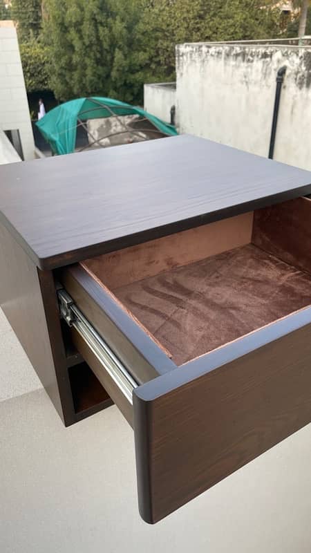 Curved and Veneer polished Side Tables with Velvet padded drawers 2