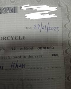 Honda CD 70 Zero meter invoice Date 24-1-2025