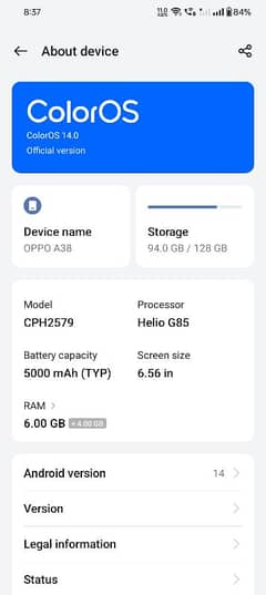 Oppo a38 6/128 10/10 warranty 5month