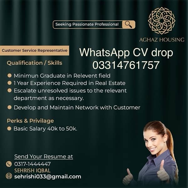 sales executive ‘ receptionist ‘CSR  send your CV 03314761757 1