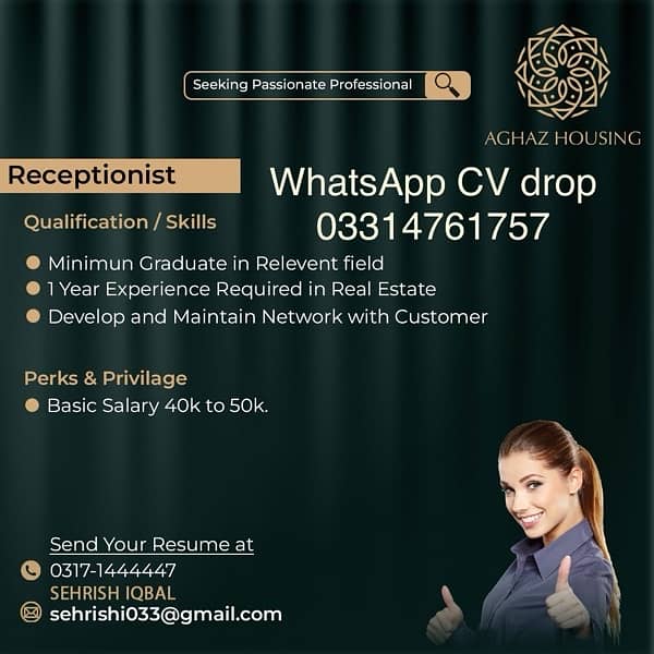 sales executive ‘ receptionist ‘CSR  send your CV 03314761757 2