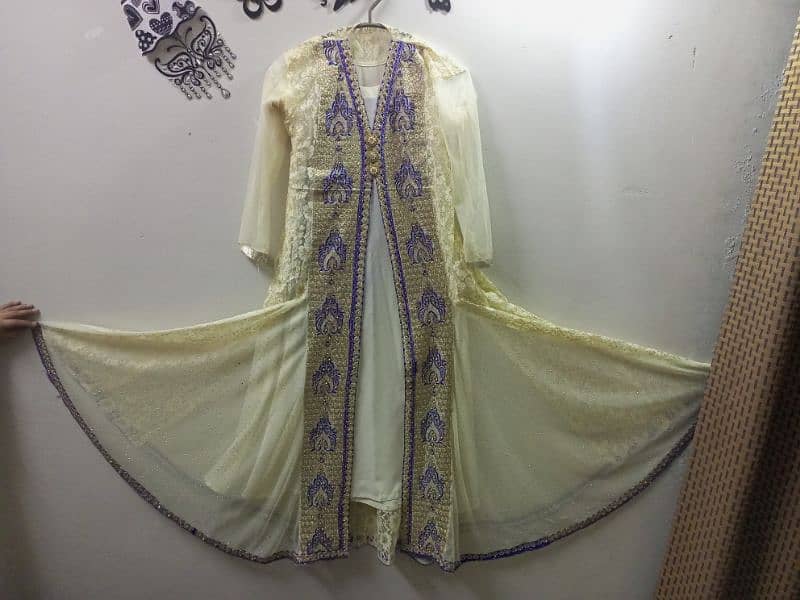 fancy Open shirt net umbrella style frawk with dupatta and trawzer 0