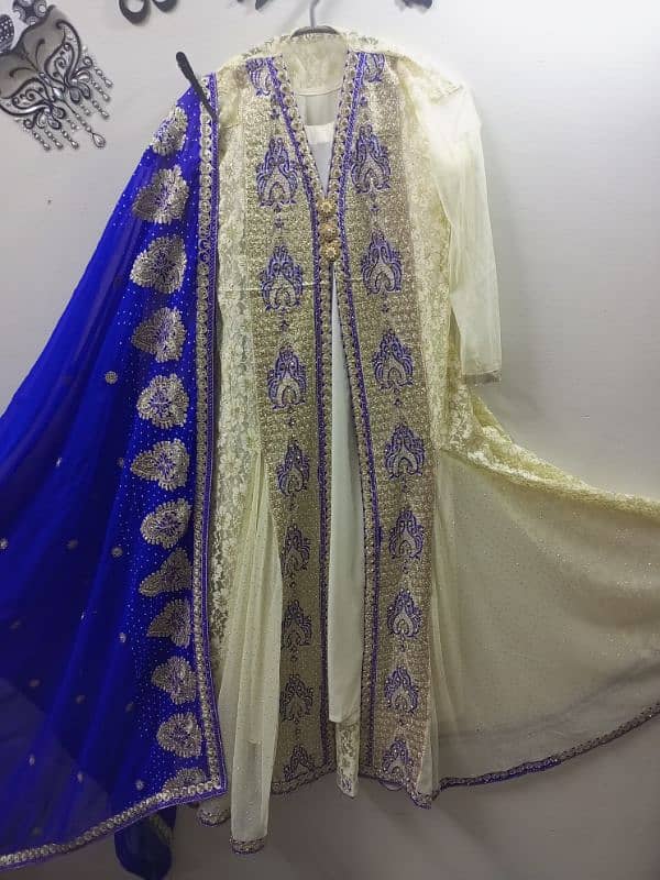 fancy Open shirt net umbrella style frawk with dupatta and trawzer 2