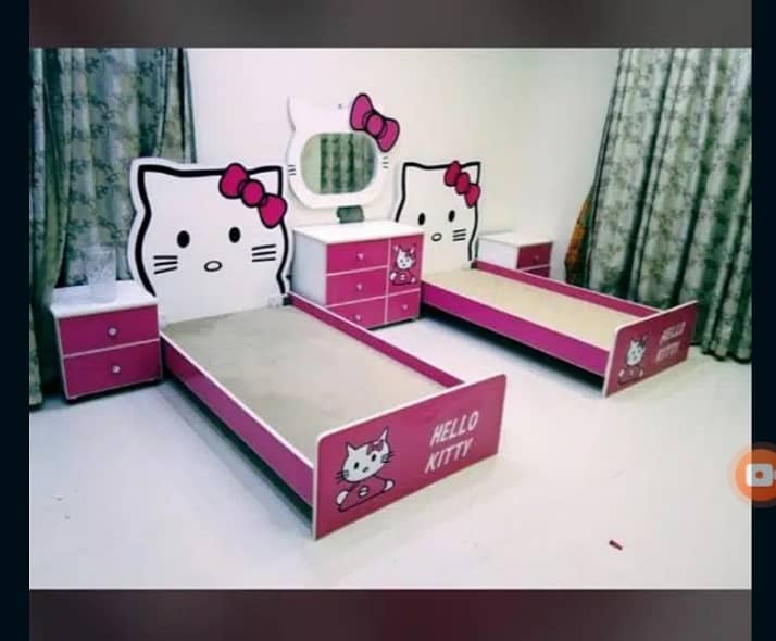 Hello kitty 2 single beds 2 mattress 2 side table dressing table mirro 4