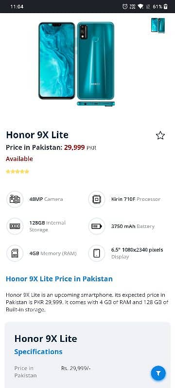 Honor 9x lite 4gb 128gb Pta approved total ok read full ad 5