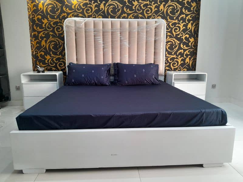 Queen size Bed Brand New White in colour with 2 side Tables 1