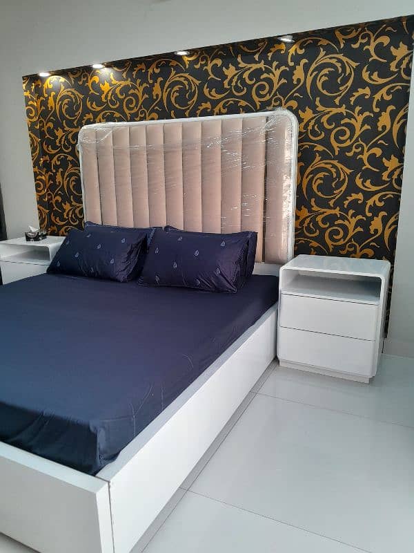 Queen size Bed Brand New White in colour with 2 side Tables 2