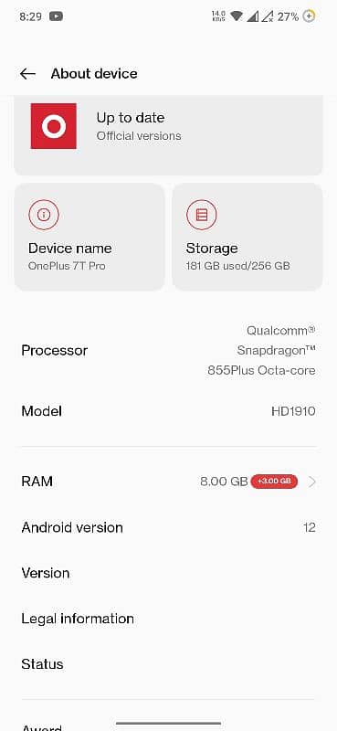 one plus 7t pro 8gb ram 256gb memory 4