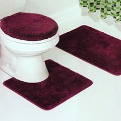 3 Pc Bathroom Set Bath Mat RUG, Contour, and Toilet Lid Cover, with R