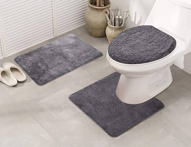 3 Pc Bathroom Set Bath Mat RUG, Contour, and Toilet Lid Cover, with R 1