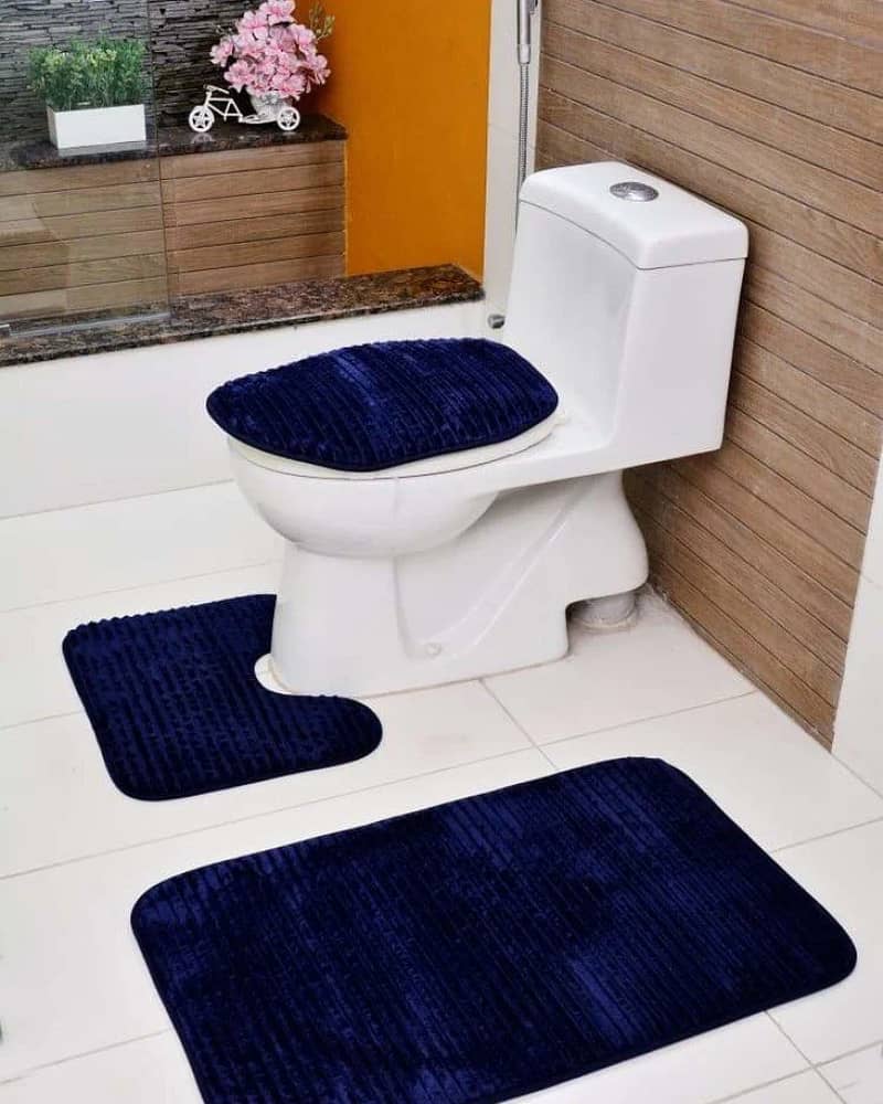 3 Pc Bathroom Set Bath Mat RUG, Contour, and Toilet Lid Cover, with R 2