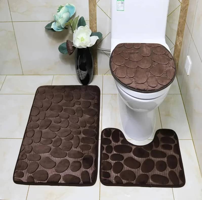 3 Pc Bathroom Set Bath Mat RUG, Contour, and Toilet Lid Cover, with R 3