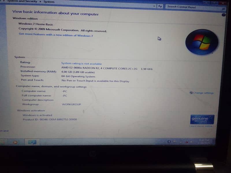 Hp laptop AMD processor 4GB ram 128 SSD 9